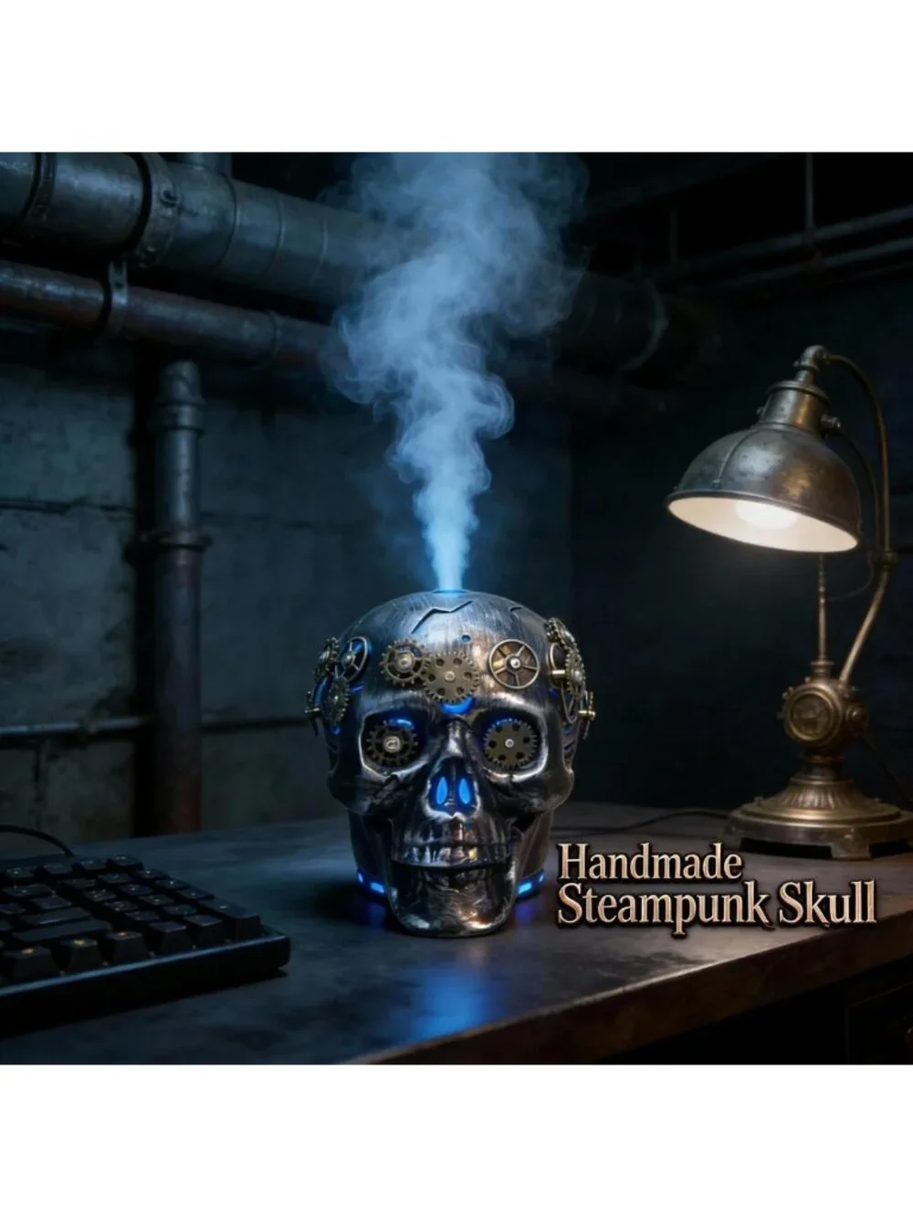 Dark Gothic Steampunk Skull Essential Oil Diffuser - Halloween Decor, 7 LED